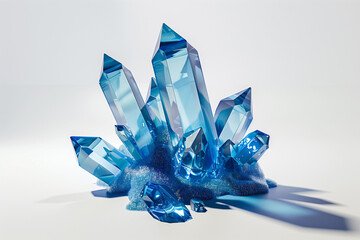 A vibrant blue crystal on a clean white background, casting sharp shadows.