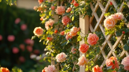Charming lattice fence adorned with vibrant blooming roses, creating an elegant and colorful garden backdrop.