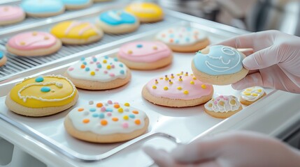 Baking Colorful Decorated Cookies With Icing and Sprinkles in a Well-Lit Kitchen