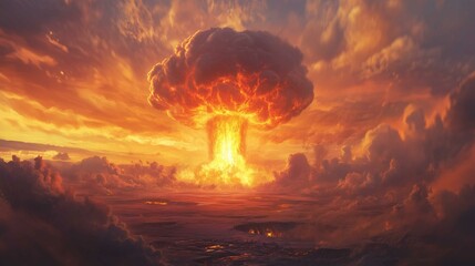 Terrible explosion of a nuclear bomb with a mushroom in the desert. Hydrogen bomb test. Nuclear catastrophe 
