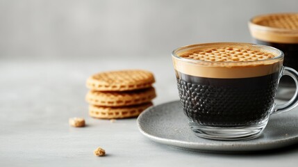 Coffee served in elegant glass cups paired with mini stroopwafel cookies on a soft gray background, highlighting rich textures and warm tones.