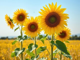 Obraz premium Sunflowers standing tall in a vast field on a bright spring morning, growth, colorful