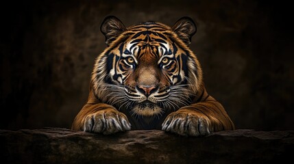 Obraz premium Close-up portrait of a Bengal tiger with an intense gaze, highlighting its beauty and fierce demeanor in a dramatic natural setting.