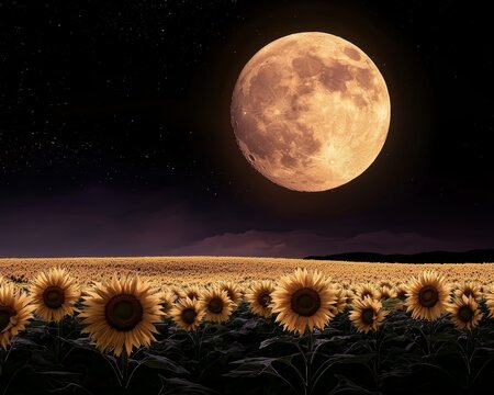 Sunflower Moonrise, A massive sunflower replaces the moon in the sky, casting golden beams across the field.