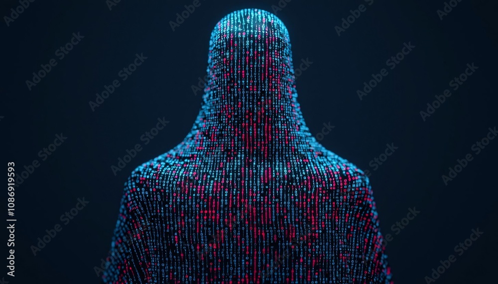 Poster abstract digital figure composed of vibrant pixels representing data and complexity in the digital a