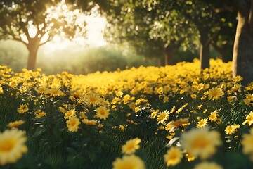 Obraz premium A sunlit field filled with vibrant yellow flowers and trees, creating a serene natural scene.