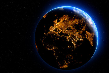 Earth planet on blue night sky with stars. City lights on dark side of the planet. Elements of this image furnished by NASA. 3D rendering.