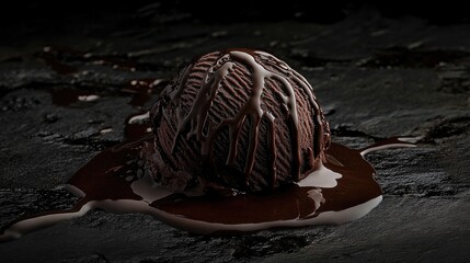 Chocolate ice cream scoop with a glossy chocolate drizzle, resting on a dark, textured surface, creating a decadent dessert scene.