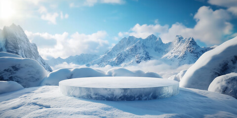 ice podium against winter outside scene, display stage of product, cold background for product presentation. mockup platform. cool stand pedestal round podium