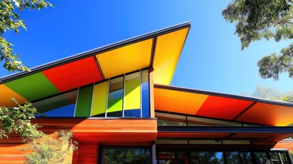Contemporary residence showcasing an innovative roof design with vibrant yellow, green, and orange hues set against a clear blue sky.