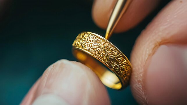 Close-up view of a craftsman delicately engraving a beautiful gold ring, showcasing skill and artistry in jewelry making.
