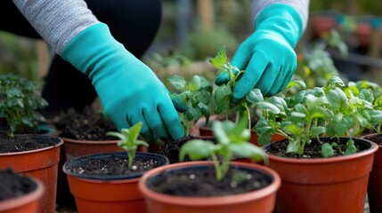 Close-up of a womanâ€™s gloved hands carefully tending to potted plants, adding fertilizer and soil, showcasing nurturing indoor gardening techniques.