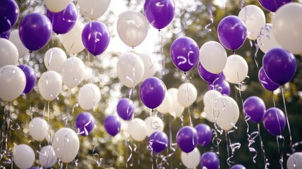 Festive purple and white balloons floating against a blurred outdoor backdrop, enhancing a joyful celebration with ribbons hanging from their strings.