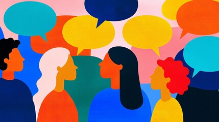Colorful illustration of diverse individuals engaged in conversation with speech bubbles.