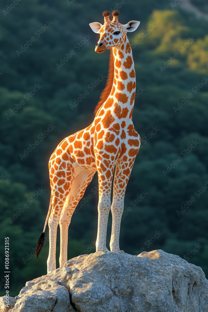 Wall mural A giraffe stands gracefully atop a rock in the African savanna, its distinctive spots glowing in the warm light, amidst the beautiful landscape of trees