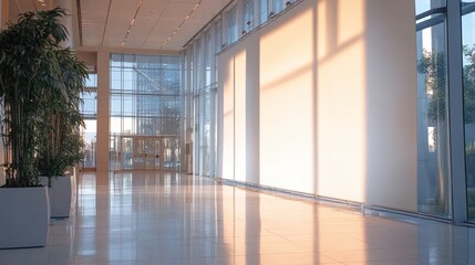 Fototapeta premium Modern hallway with sunlight reflecting on polished floor during afternoon