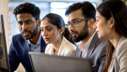 Obraz premium Focused Work Discussion - Indian colleagues discussing data displayed on a large monitor. 