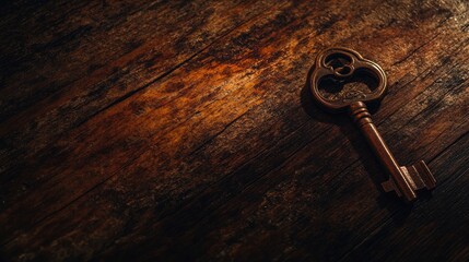 A vintage key resting on a rustic wooden table symbolizing home ownership and fresh starts with warm, inviting tones.
