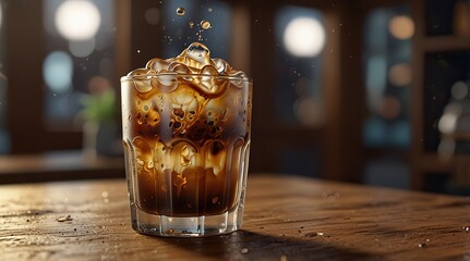 Iced coffee in a glass cup with milk swirls
