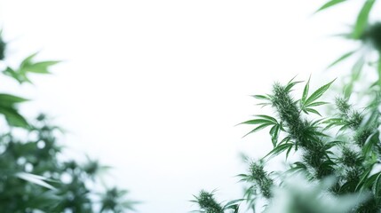 Cannabis plant with lush green leaves and prominent trichomes, set against a soft, bright background with space for text insertion.