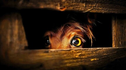 Close-up view of a brown horse's expressive eye and head partially visible through a rustic wooden stable box, highlighting its curious gaze.