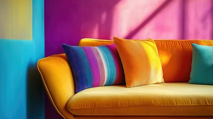 Vibrant yellow sofa adorned with colorful striped and solid pillows, set against a bright pink and blue wall, exuding style and comfort in a creative living room atmosphere.