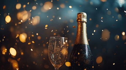 Champagne Bottle and Flute Against a Dark Backdrop Surrounded by Shimmering Golden Confetti and a Generous Area for Text or Branding