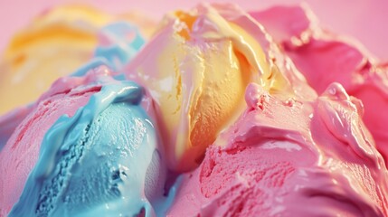 Vibrant close-up of creamy ice cream showcasing swirls of pastel pink, blue, and yellow, highlighting its smooth texture and delightful colors.