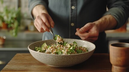 Healthy Cooking and Culinary Presentation with Fresh Salad in Rustic Kitchen Setting. Generative ai