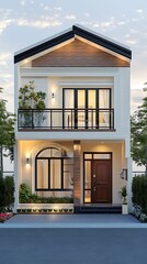 Charming single-story house front elevation mockup with pastel tones for text and commercial use