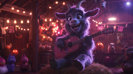 Naklejka premium fluffy purple goat smiles playing a decorated guitar while sitting on hay in a dimly lit barn with Halloween decorations and other plush animals
