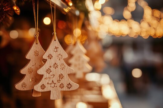 Wooden Christmas tree decorations hanging on the market stall in the foreground.