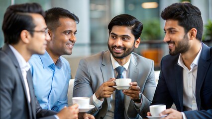 Coffee Break Talk - Indian business colleagues sharing ideas over a coffee break in a relaxed office lounge.
