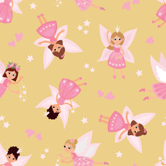 Magical Seamless Pattern with Fairies. Design for fabric, textile, wallpaper, packaging, nursery