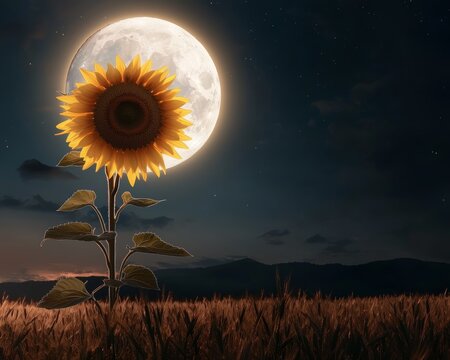 Sunflower Moonrise, A massive sunflower replaces the moon in the sky, casting golden beams across the field.