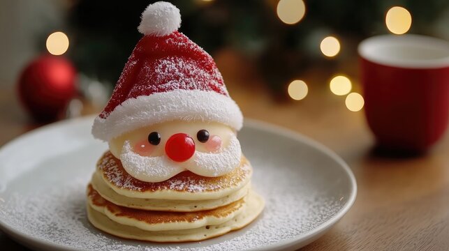 Cheerful Santa Pancakes with Fluffy Toppings and Adorable Features for a Festive Holiday Breakfast Delight