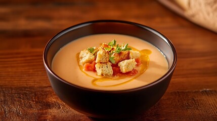 Creamy Tomato Soup with Croutons   A Cozy and Warming Dish on Rustic Wooden Table