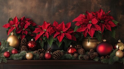 A cozy holiday mantel featuring vibrant red poinsettias, lush pinecones, and shimmering red and gold ornaments creating a festive ambiance.