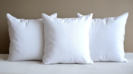Three plush white pillows neatly arranged on a soft surface, showcasing their smooth fabric and well-defined edges in a minimalist setting.