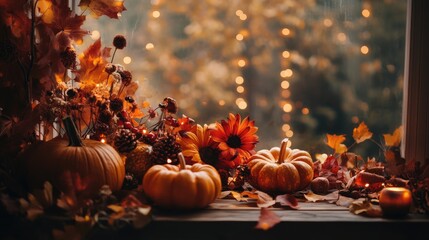 Vibrant autumn window scene featuring pumpkins and colorful leaves with warm candlelight, capturing the cozy essence of Thanksgiving festivities and a soft bokeh background glow.