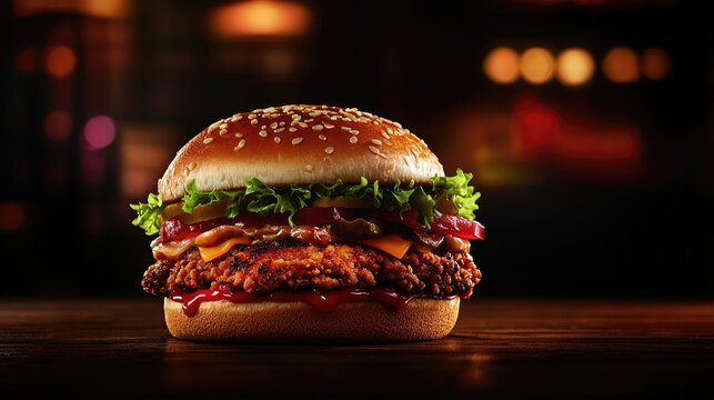 Crispy fried chicken burger topped with lettuce, cheese, tomatoes, and onions on a sesame seed bun, presented on a dark rustic wooden surface.