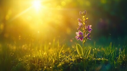 Fototapeta premium Close-up macro shot of a bee orchid with vibrant purple flowers glowing under golden sunlight amidst a lush green background.
