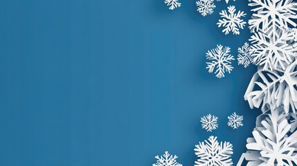 Festive winter backdrop featuring a vibrant blue background intricately scattered with elegant white snowflakes in various sizes.