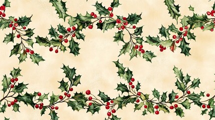 Carta natalizia digitale con foglie di agrifoglio, bacche rosse e rametti di vischio, disposti in festose ghirlande sulla carta a sfondo beige. 