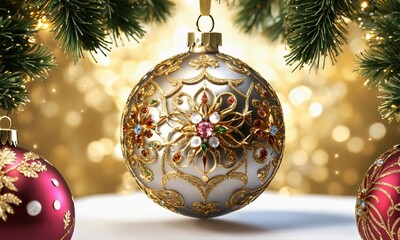 Christmas ornament clipart, white background, intricate and detailed, gold, jewels, mother of Perl, 8K, ultra-detailed, sharp focus