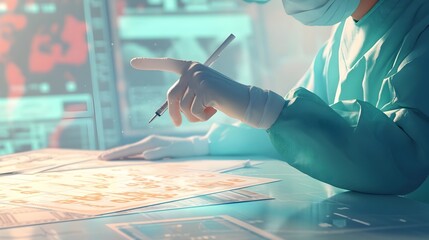 Meticulous 3D of Surgeon Analyzing Currency and Financial Trends with Advanced Medical Equipment