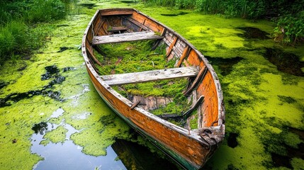 Abandoned boat surrounded by lush greenery nature scene still water tranquil setting