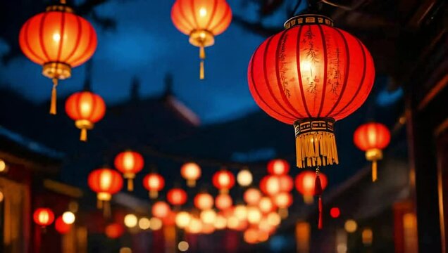 Red hanging lantern traditional Asian decor on night street. A symbol of Chinese culture. Chinese lantern festival. Motion animation
