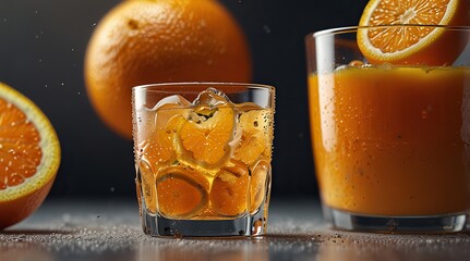 Glass of freshly squeezed orange juice with ice cubes