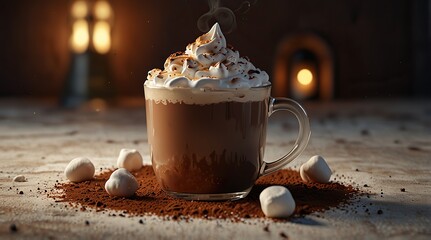 Hot chocolate with whipped cream and marshmallows